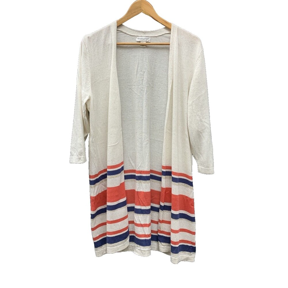 Christopher & Banks Tan Coral Blue Striped Light Open Front Long Cardigan Sz XLP